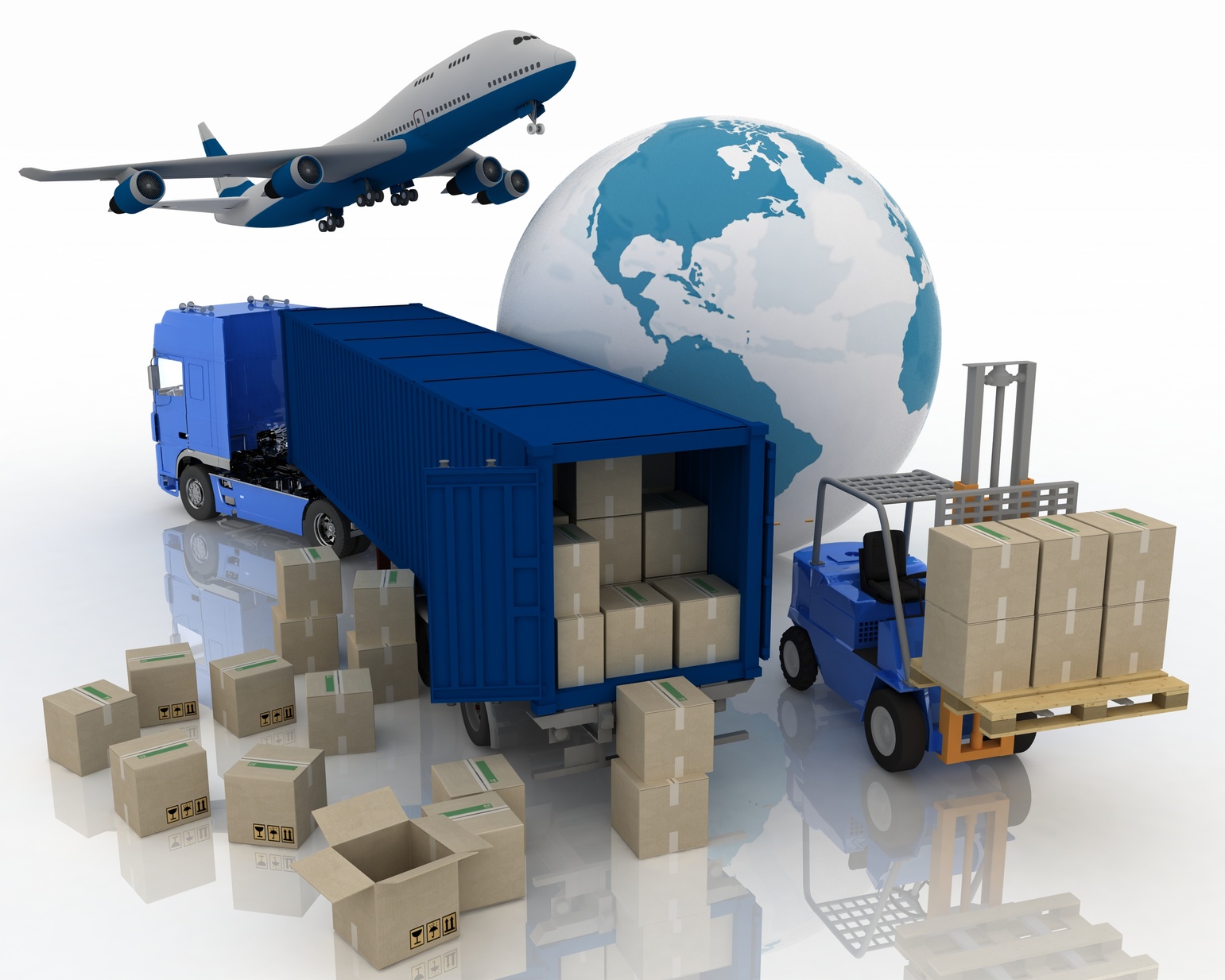 A large blue truck being loaded with boxes, a small truck for lifting items into the truck, an aeroplane and a globe of the world.